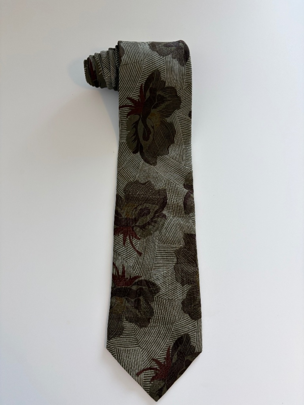 Ermenegildo Zegna Men's 100% Silk Tie Olive Green Floral Botanical Italy